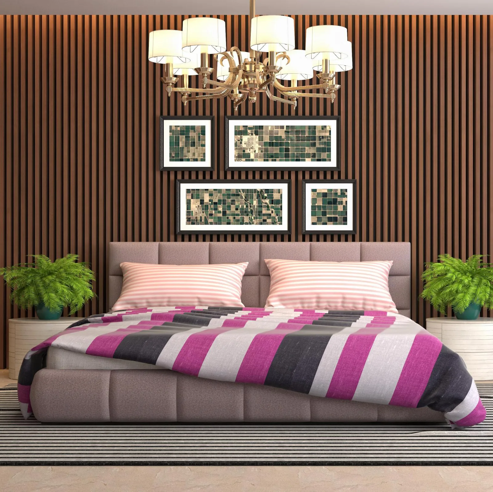 Bedroom with a full-height wooden louver wall behind the bed
